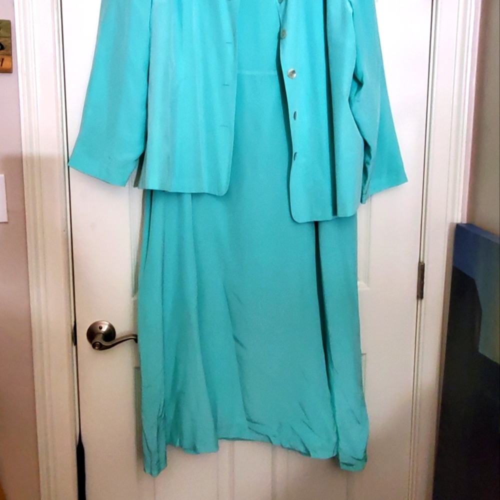 Ice Aqua Blue, 100% silk fully-lined, sleeveless, 2-pc, A-line dress w/ jacket
